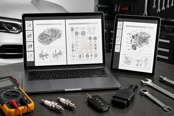 لپتاپ و تبلت روی میز کار تعمیرات خودرو در کنار ابزارهای فنی؛ تصویر مفهومی از فایل PDF تعمیرات خودرو و آموزش عیبیابی تخصصی